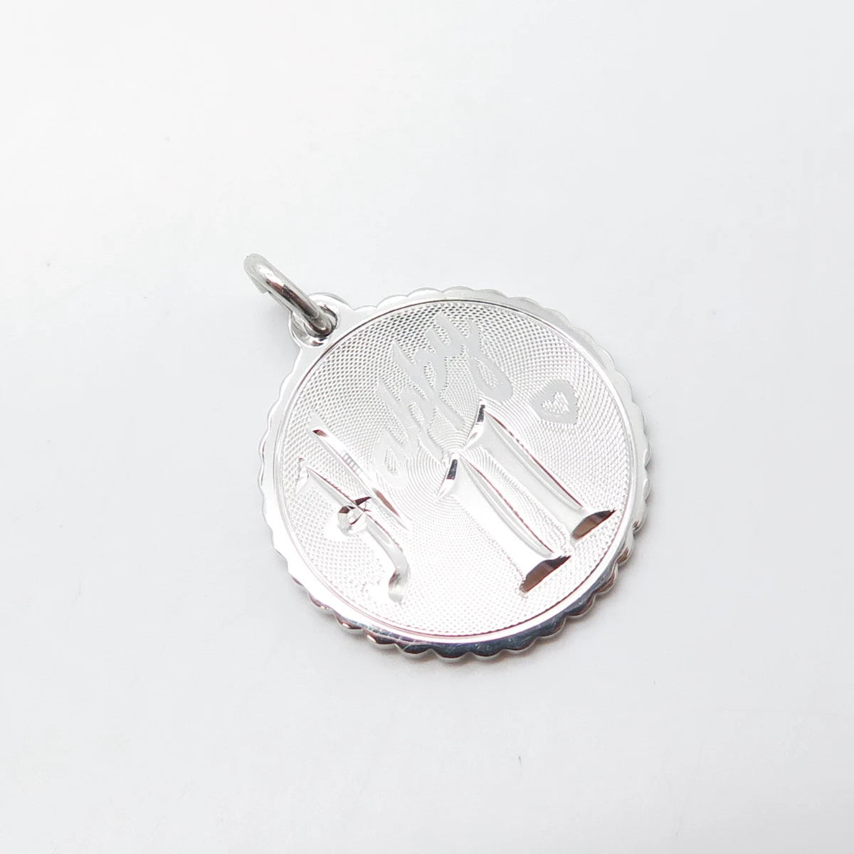 925 Sterling Silver Vintage Happy 11 Heart Round Medal Charm Pendant
