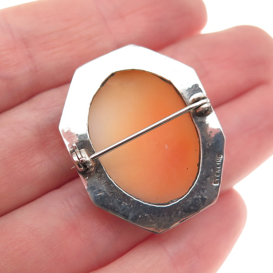 925 Sterling Silver Antique Art Deco Real MOP Carved Lady Cameo Pin Brooch