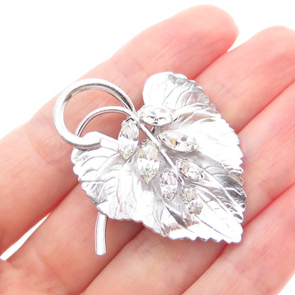CARL ART 925 Sterling Silver Vintage Rhinestone Floral Leaf Pin Brooch