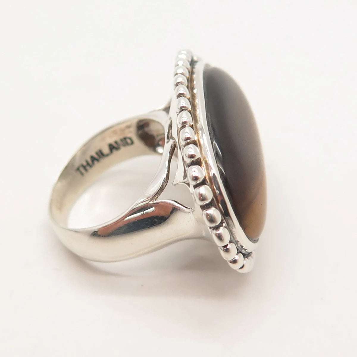 925 Sterling Silver Vintage Real Tiger Eye Gem Beaded Oval Ring Size 6