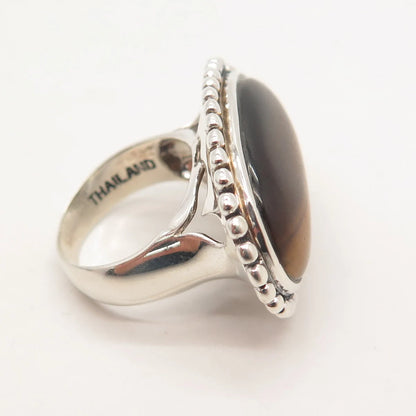 925 Sterling Silver Vintage Real Tiger Eye Gem Beaded Oval Ring Size 6