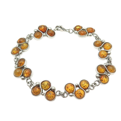 925 Sterling Silver Vintage Real Amber Modernist Link Bracelet 7.5"