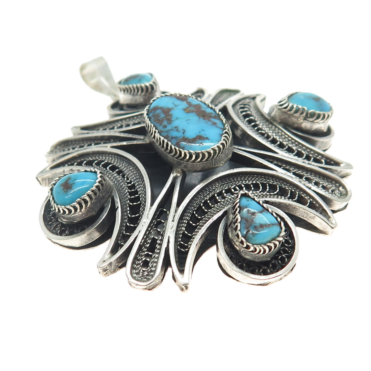 800 Silver Vintage Egypt Real Morenci Turquoise Filigree Pendant