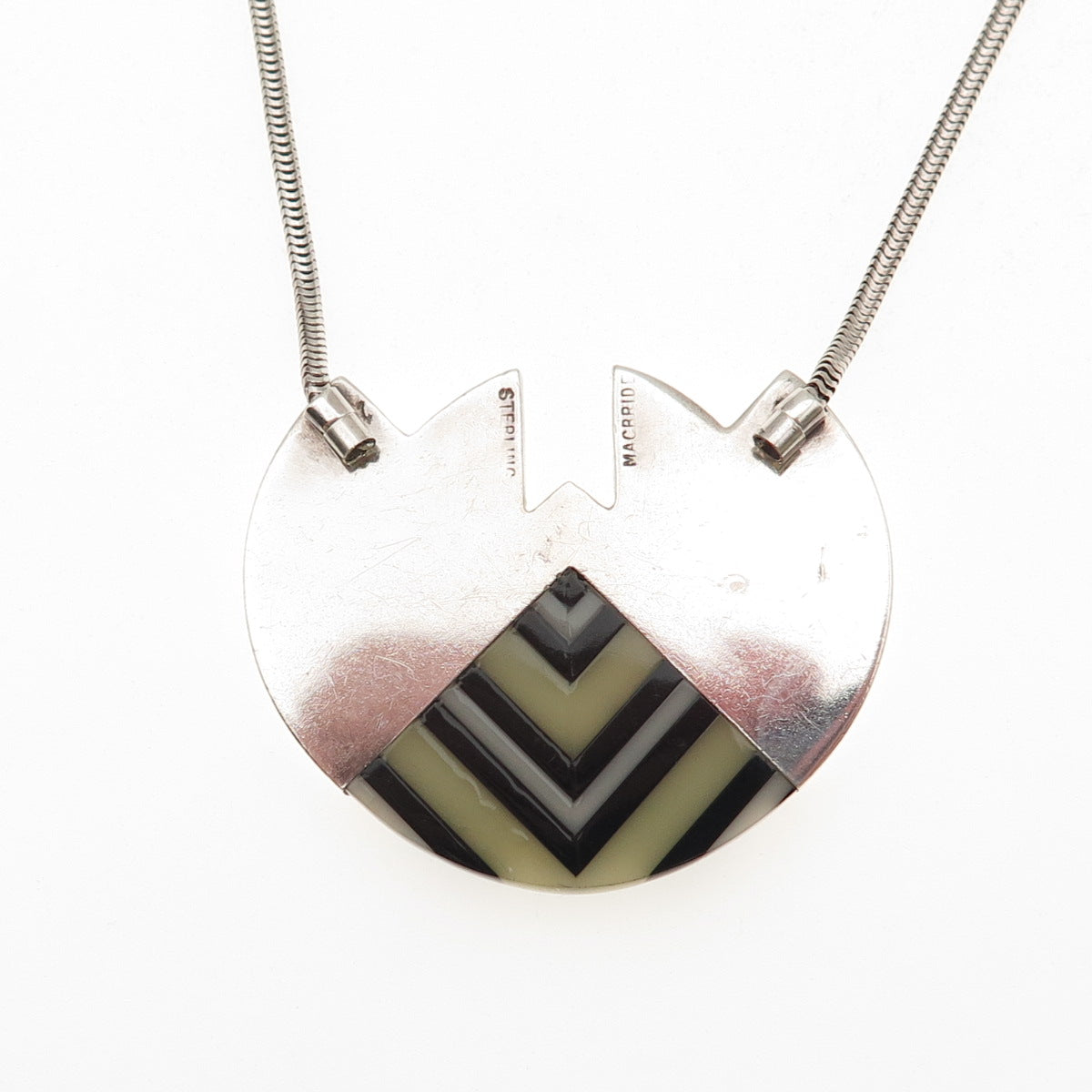 Kerry MacBride 925 Sterling Vintage Onyx MOP Modernist Snake Chain Necklace 16"