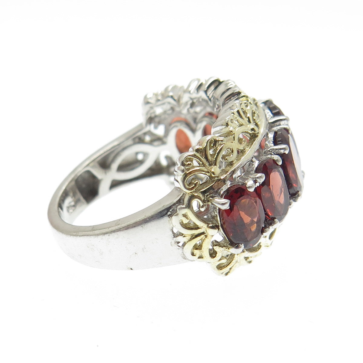 CHUCK CLEMENCY 925 Sterling Silver 2-Tone Real Red Garnet Ring Size 7.25