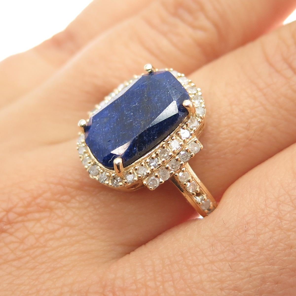 DSMK 925 Sterling Silver Gold Plated Real Diamond & Sapphire Ring Size 7.25