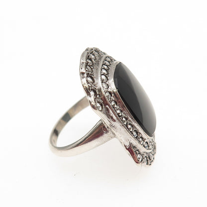 UNCAS 925 Sterling Antique Art Deco Real Black Onyx & Marcasite Ring Size 3.25