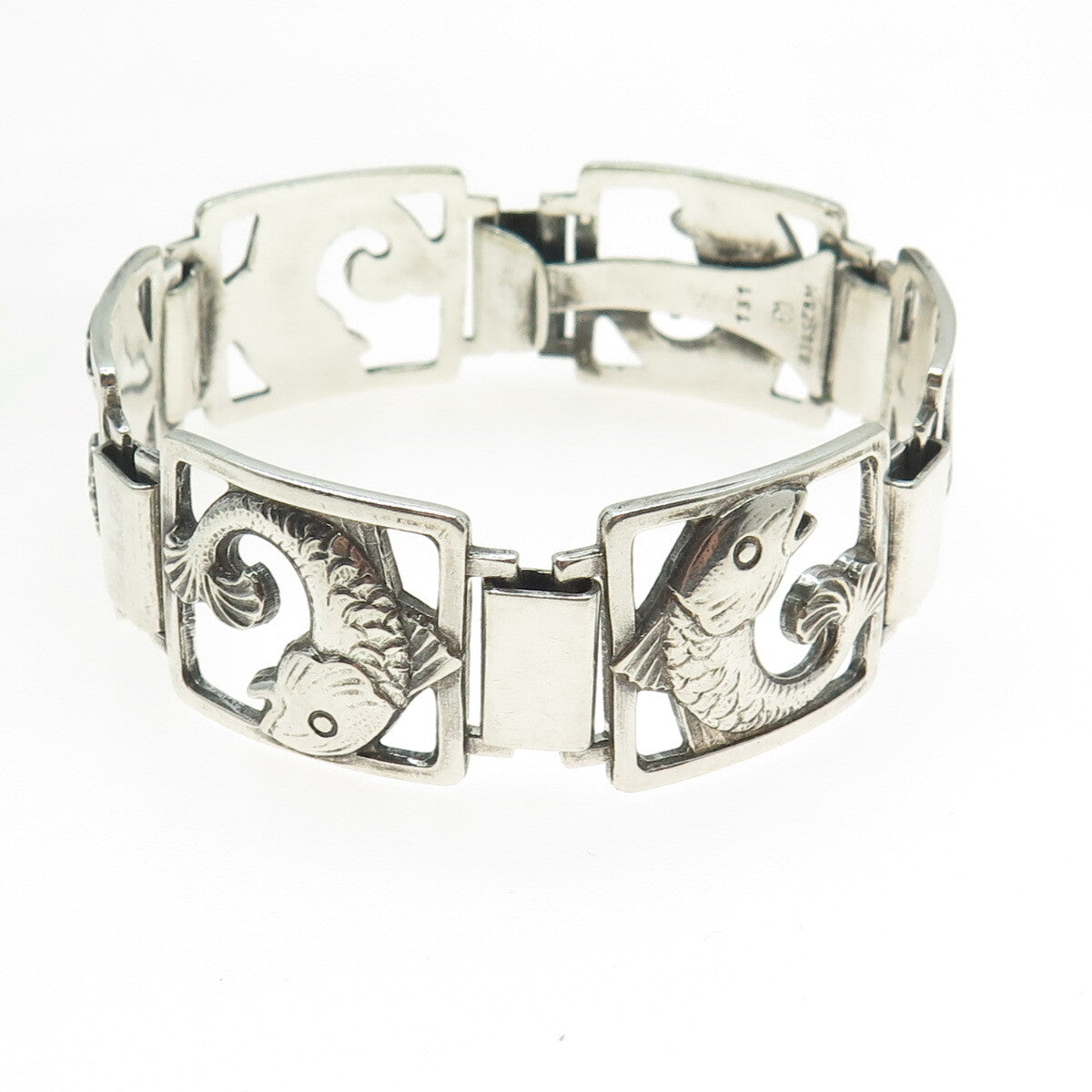 EILER & MARLOE 830S Silver Antique Denmark Fish Panel Link Bracelet 7.25" #131