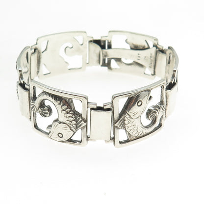 EILER & MARLOE 830S Silver Antique Denmark Fish Panel Link Bracelet 7.25" #131