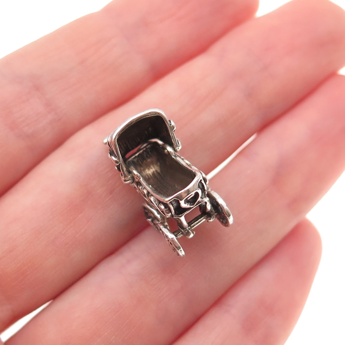 925 Sterling Silver Antique Art Deco Baby Stroller Oxidized 3D Charm Pendant