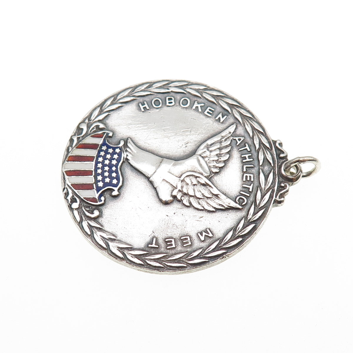 925 Sterling Silver Antique Art Deco Enamel Hoboken Athletic Meet Medal Pendant