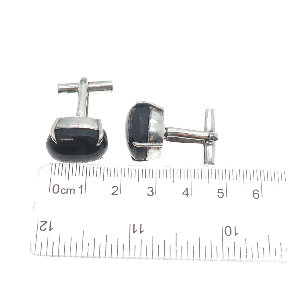 925 Sterling Silver Vintage Real Cabochon Black Obsidian Cufflinks