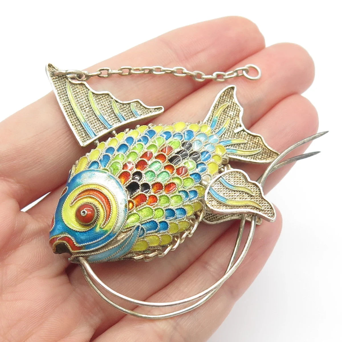 925 Sterling Silver Antique Enamel Chinese Fish Articulated Chatelaine Fob