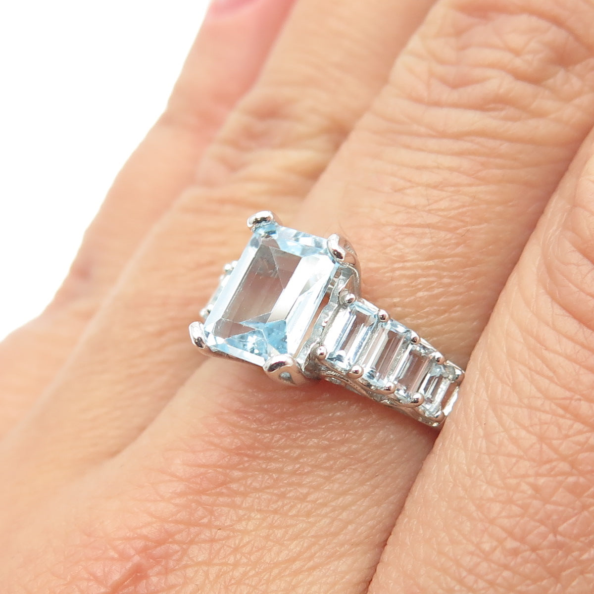 925 Sterling Silver Real Emerald-Cut Blue Topaz Engagement Ring Size 8
