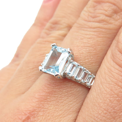 925 Sterling Silver Real Emerald-Cut Blue Topaz Engagement Ring Size 8