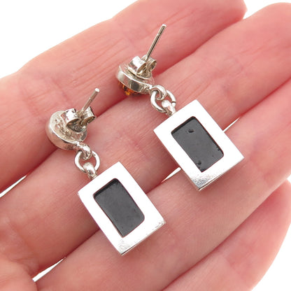 925 Sterling Silver Vintage Real Amber Modernist Dangle Earrings