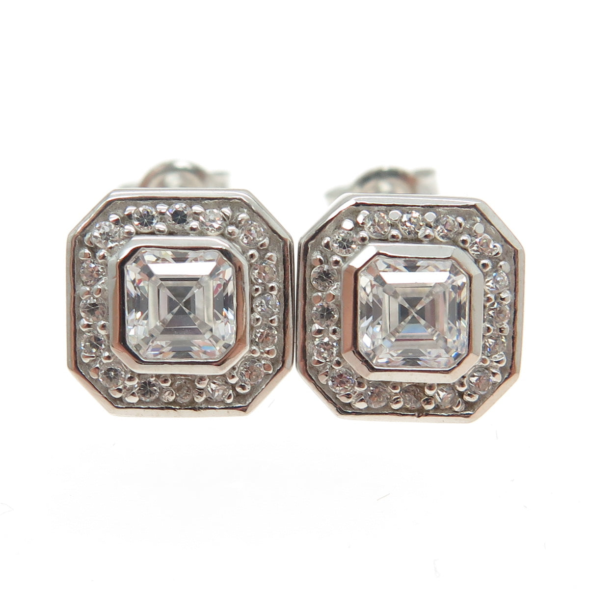 925 Sterling Silver Cushion-Cut & Round-Cut Shaped C Z Stud Earrings