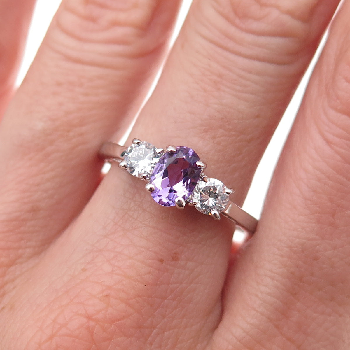 925 Sterling Silver Oval-Cut Purple & Round-Cut White C Z Ring Size 10