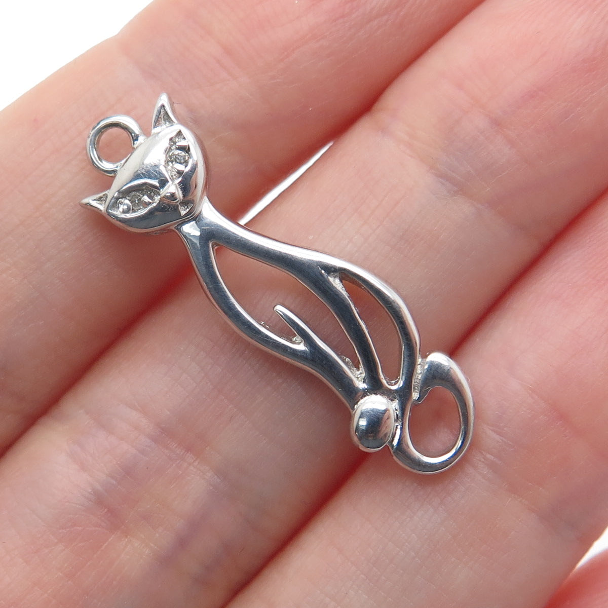 925 Sterling Silver Real Round-Cut Diamond Cat Charm Pendant