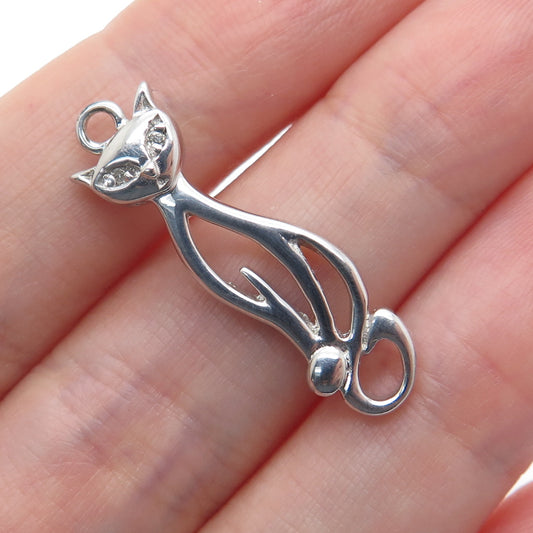 925 Sterling Silver Real Round-Cut Diamond Cat Charm Pendant