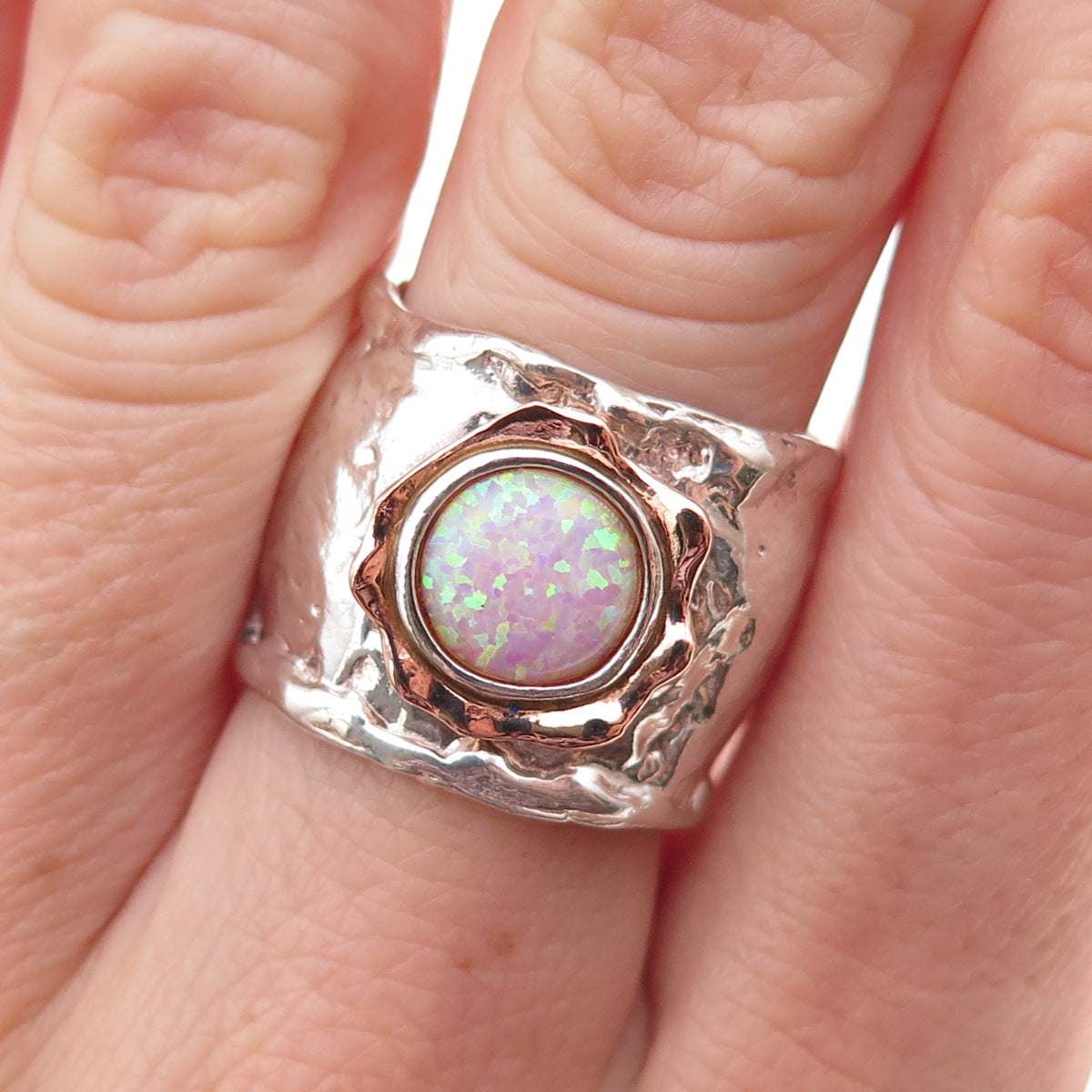 925 Sterling Silver 14K Gold Vintage Real Opal Modernist Ring Size 8