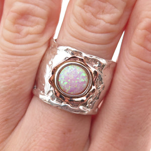 925 Sterling Silver 14K Gold Vintage Real Opal Modernist Ring Size 8