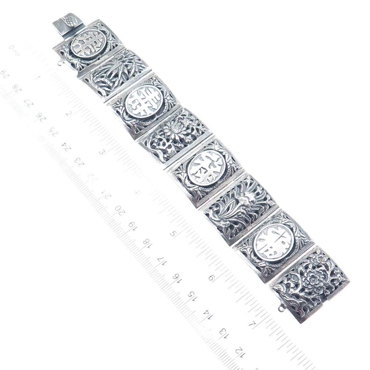 925 Sterling Silver Vintage Chinese Character & Floral Oxidized Bracelet 6.75"
