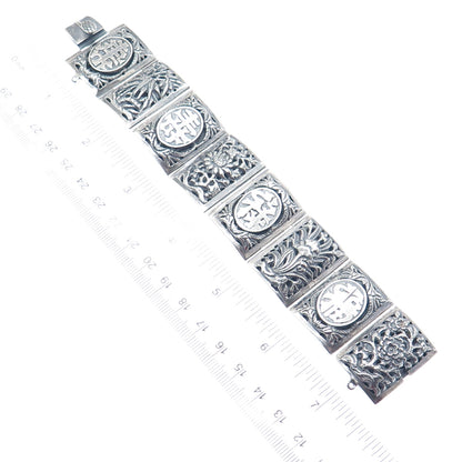 925 Sterling Silver Vintage Chinese Character & Floral Oxidized Bracelet 6.75"
