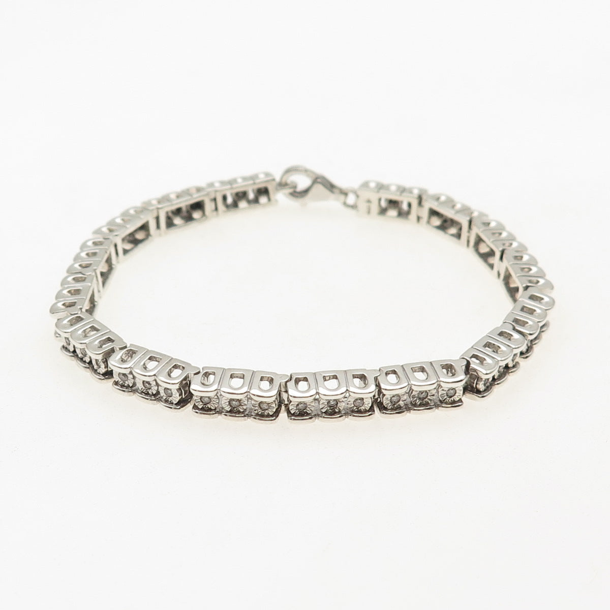 925 Sterling Silver Real Round-Cut Diamond Tennis Link Bracelet 7"