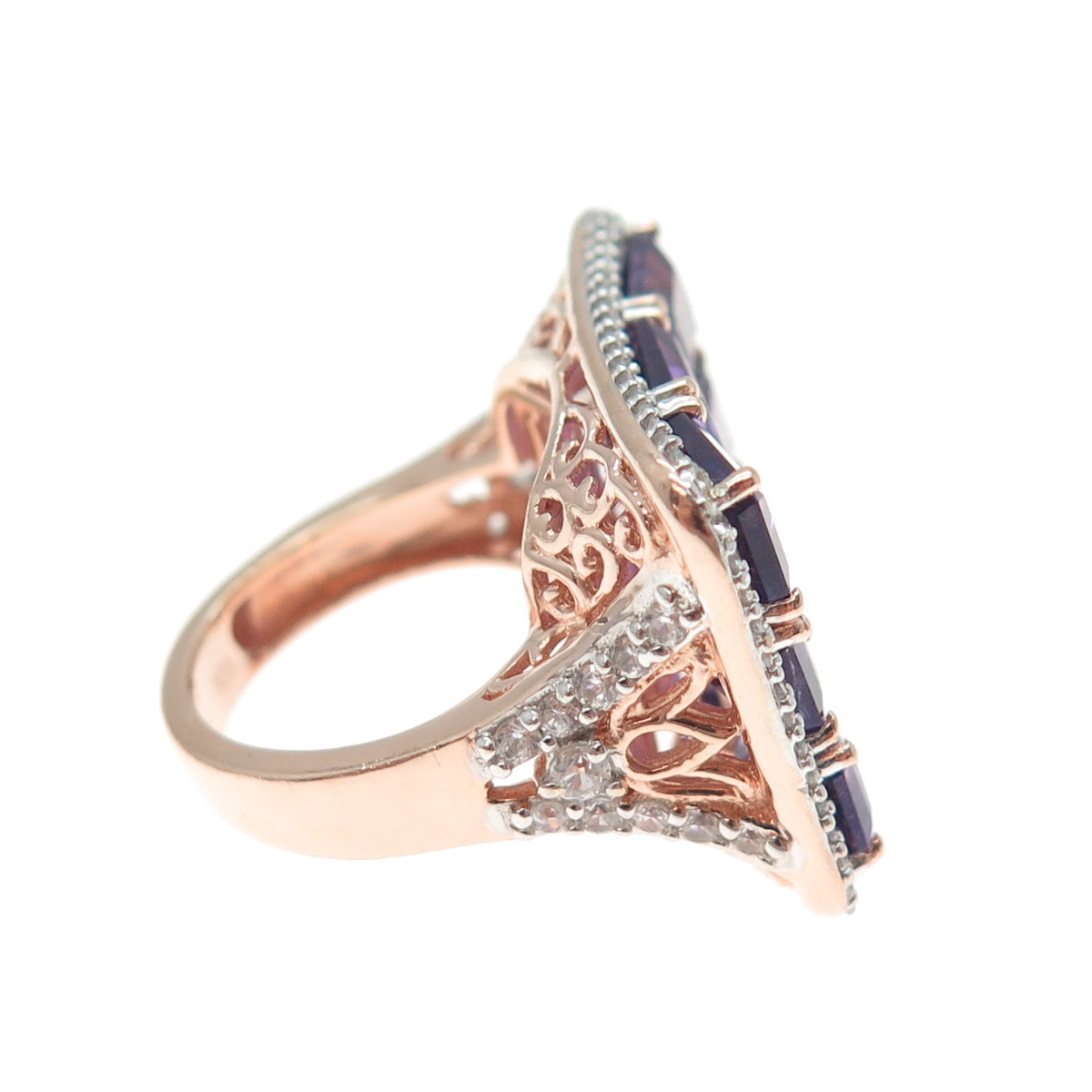 925 Sterling Silver Rose Gold Plated Real Amethyst & White Topaz Ring Size 5.25