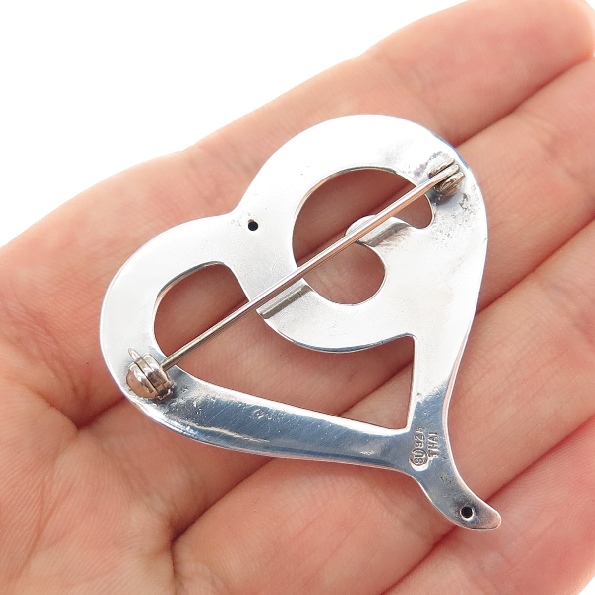 925 Sterling Silver Vintage Modernist Heart Oxidized Pin Brooch