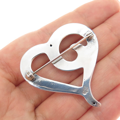 925 Sterling Silver Vintage Modernist Heart Oxidized Pin Brooch