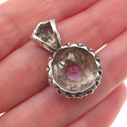 925 Sterling Silver Vintage Real Amethyst Oxidized Charm Pendant