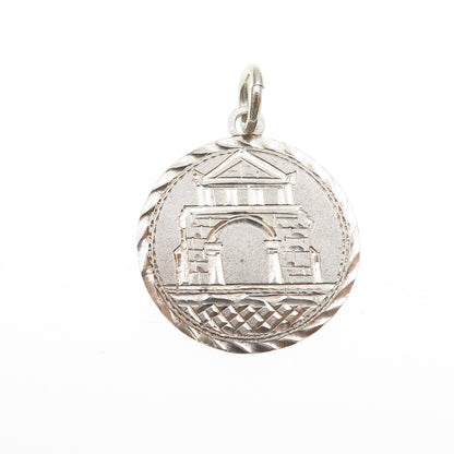 925 Sterling Silver Antique Art Deco Engraved Parthenon Token Charm Pendant