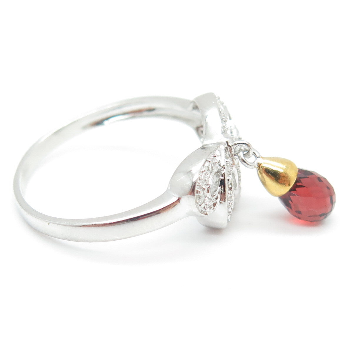 925 Sterling Silver 2-Tone Real Round-Cut Diamond Red Garnet Bow Ring Size 8.25