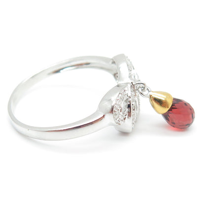 925 Sterling Silver 2-Tone Real Round-Cut Diamond Red Garnet Bow Ring Size 8.25