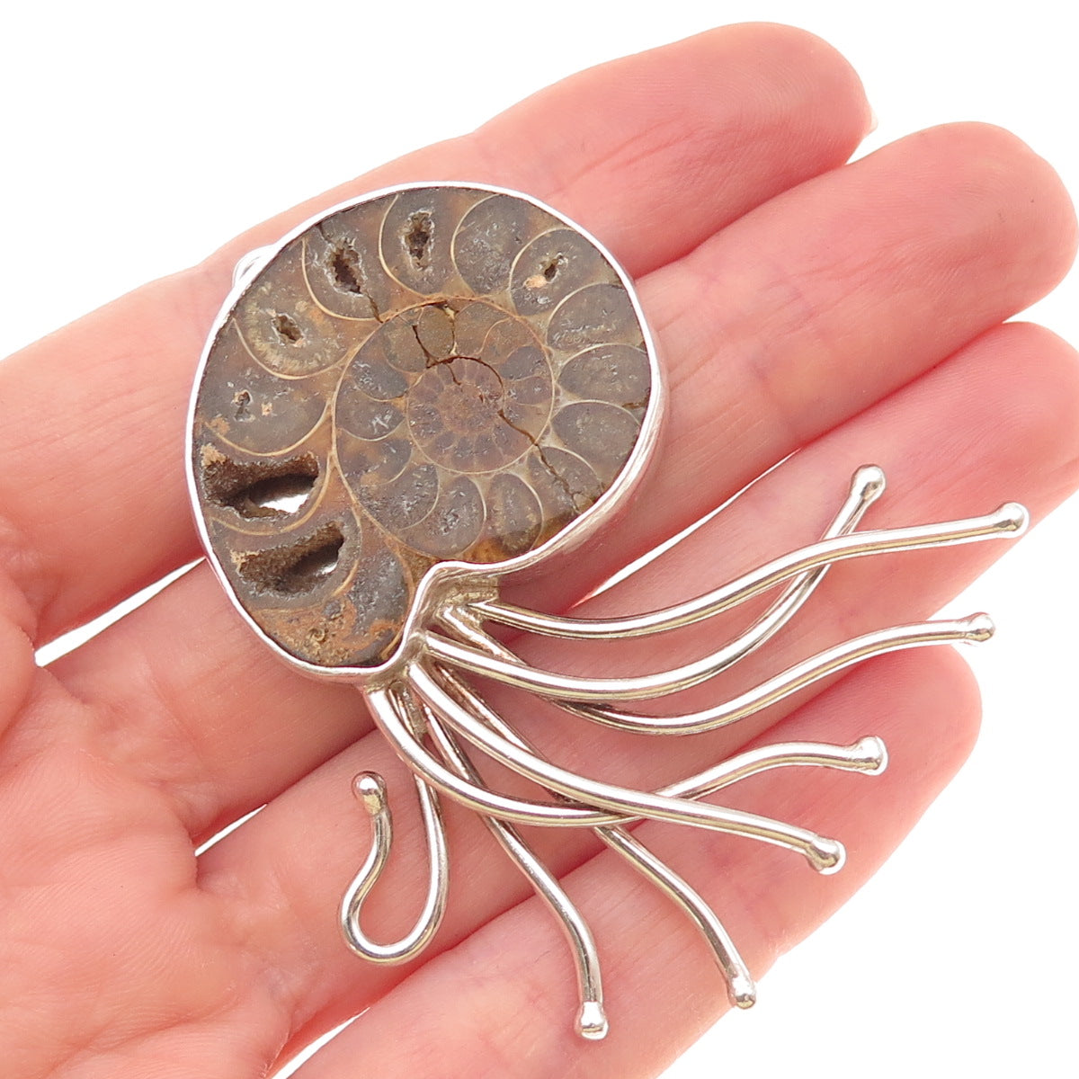 P.M. DESIGNS 925 Sterling Silver Vintage Real Ammonite Fossil Modernist Pendant