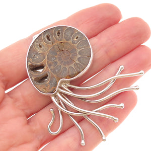 P.M. DESIGNS 925 Sterling Silver Vintage Real Ammonite Fossil Modernist Pendant