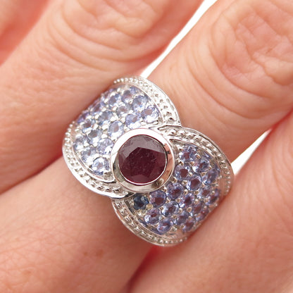 925 Sterling Silver Real Round-Cut Ruby & Tanzanite Ring Size 6.75