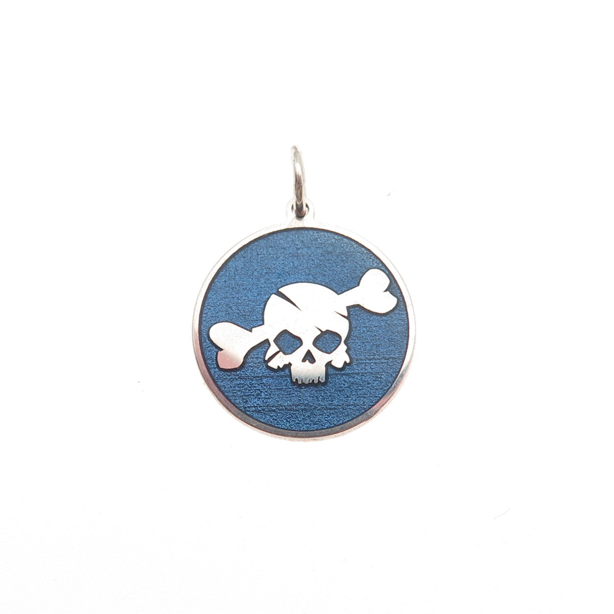 925 Sterling Silver Blue Enamel Skull & Bone Round Tag Mini Charm Pendant