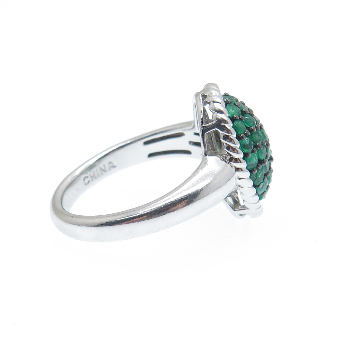 J. STELLA 925 Sterling Silver Real Round-Cut Emerald Cluster Ring Size 7.25