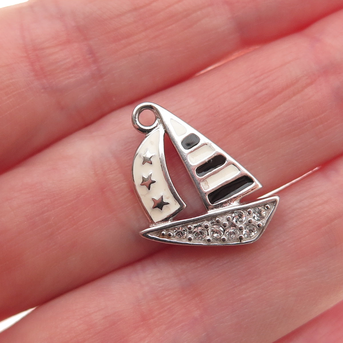 925 Sterling Silver Vintage Enamel & C Z Sailboat Mini Charm Pendant