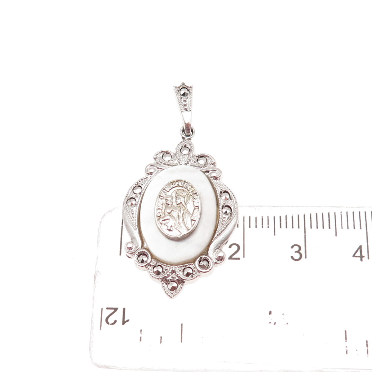 Theda 925 Sterling Silver Antique Art Deco Real MOP & Marcasite St. Mary Pendant