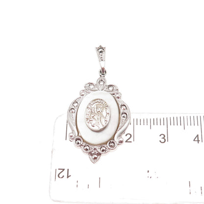 Theda 925 Sterling Silver Antique Art Deco Real MOP & Marcasite St. Mary Pendant