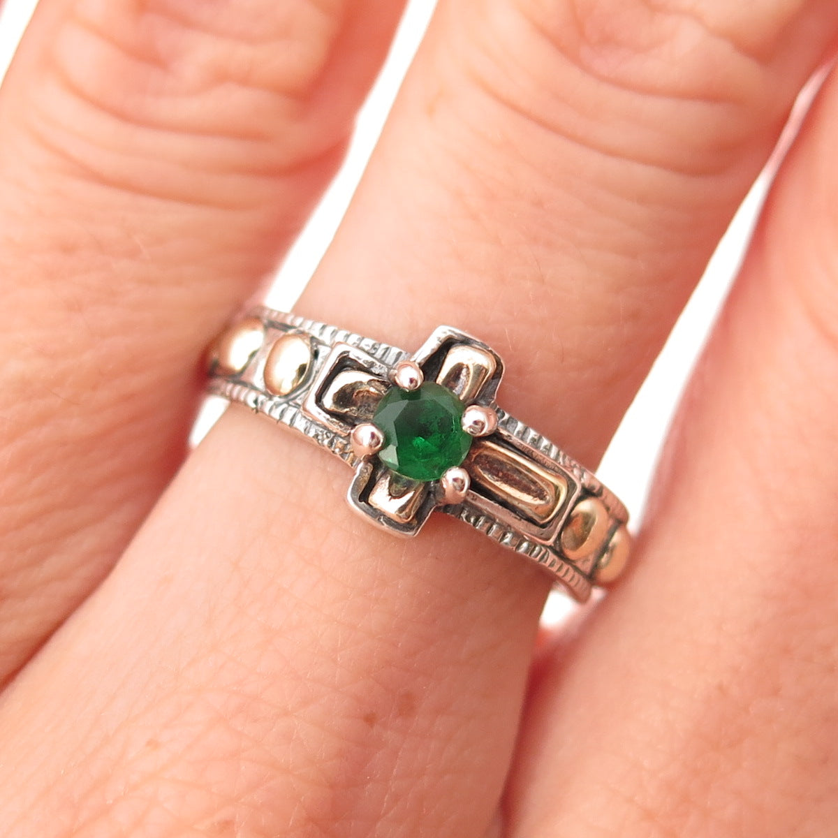 925 Sterling Silver 10K Gold Vintage Real Emerald Cross Oxidized Ring Size 7