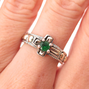 925 Sterling Silver 10K Gold Vintage Real Emerald Cross Oxidized Ring Size 7