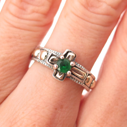 925 Sterling Silver 10K Gold Vintage Real Emerald Cross Oxidized Ring Size 7