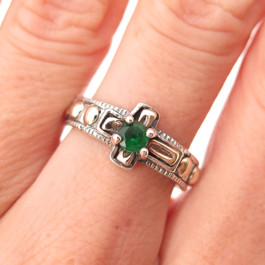 925 Sterling Silver 10K Gold Vintage Real Emerald Cross Oxidized Ring Size 7