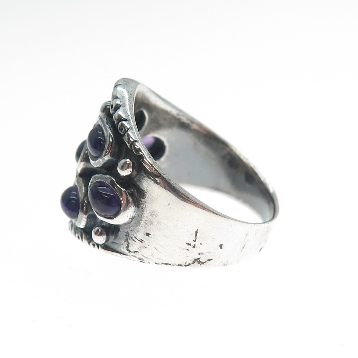 925 Sterling Silver Vintage Real Amethyst Cluster Oxidized Ring Size 8
