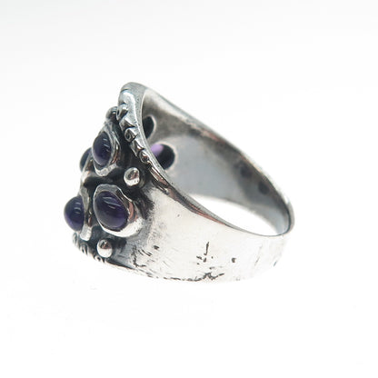 925 Sterling Silver Vintage Real Amethyst Cluster Oxidized Ring Size 8